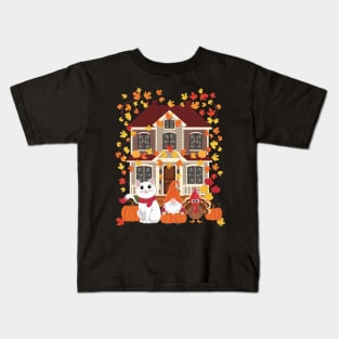 Happy Autumn Thanksgiving British Longhair Cat Gnome Turkey Kids T-Shirt